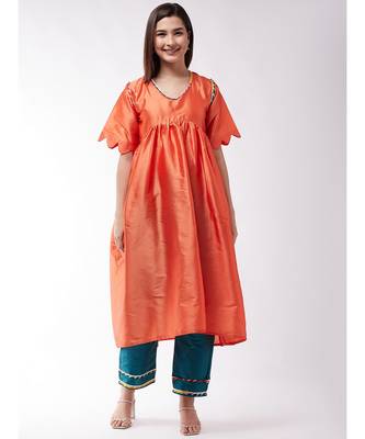 Orange And Teal Green Wavy Sleeves Gota Kurta Set 1