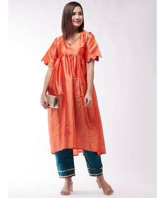 Orange And Teal Green Wavy Sleeves Gota Kurta Set 2