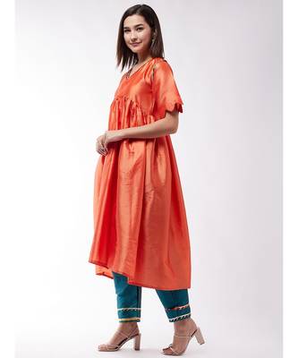 Orange And Teal Green Wavy Sleeves Gota Kurta Set 3