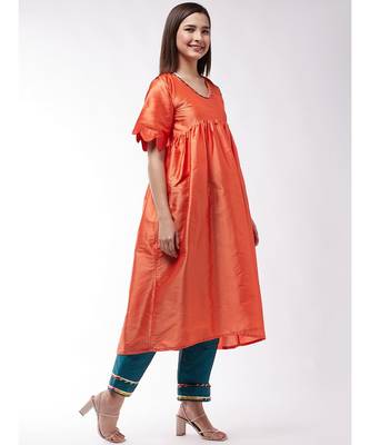 Orange And Teal Green Wavy Sleeves Gota Kurta Set 4