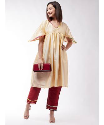 Beige And Maroon Cut Bell Sleeves Gota Kurta Set 2