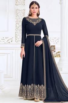 Navy blue embroidered georgette salwar