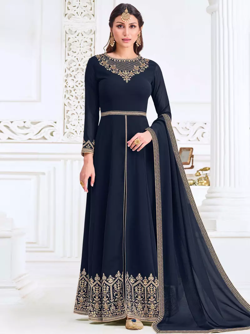 Navy blue embroidered georgette salwar