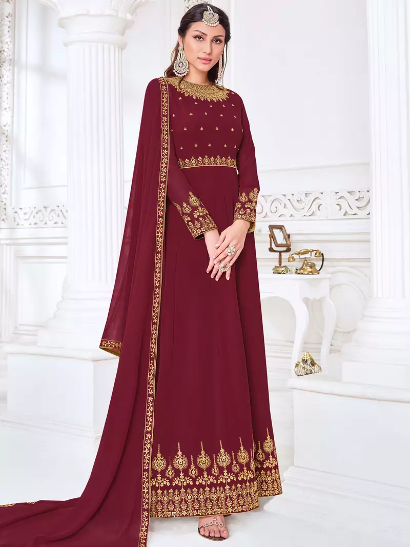 Maroon embroidered georgette salwar