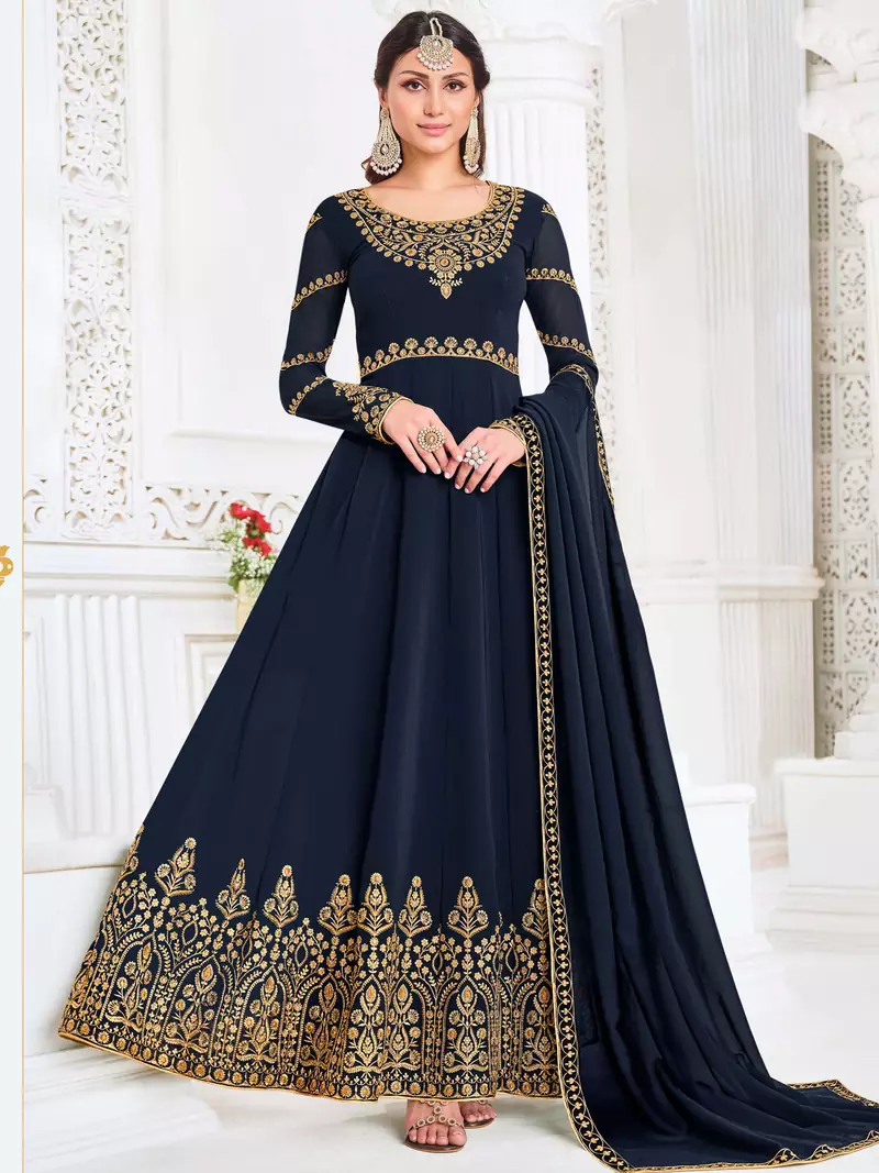 Navy blue embroidered georgette salwar