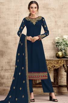 Navy blue embroidered georgette salwar