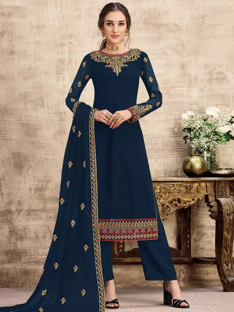 Navy blue embroidered georgette salwar