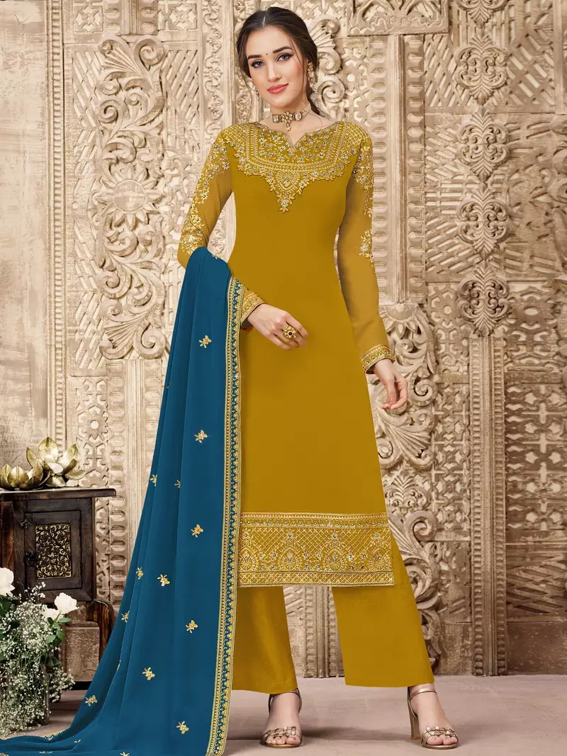 Yellow embroidered georgette salwar