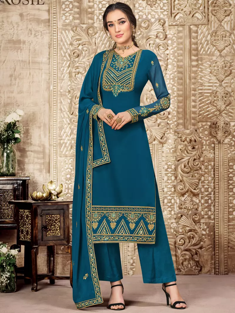 Blue embroidered georgette salwar