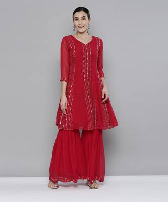 Pink Georgatte Mirror & Embroidered work kurta with sharara 1