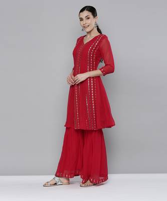 Pink Georgatte Mirror & Embroidered work kurta with sharara 2