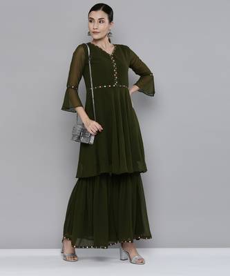 Olive green Georgatte Mirror & Embroidered work kurta with sharara 1
