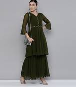 Olive green Georgatte Mirror & Embroidered work kurta with sharara