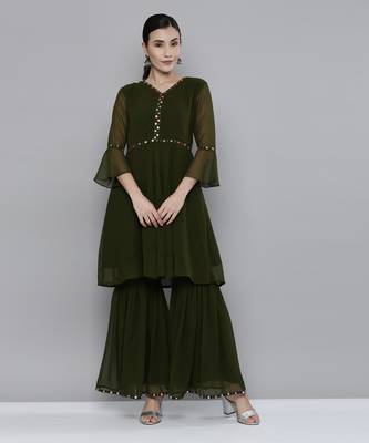 Olive green Georgatte Mirror & Embroidered work kurta with sharara 3