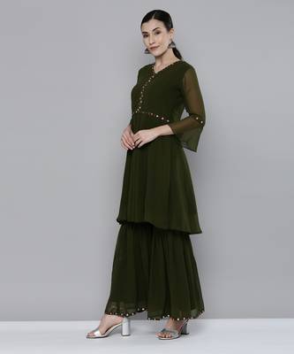 Olive green Georgatte Mirror & Embroidered work kurta with sharara 4