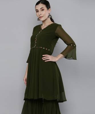 Olive green Georgatte Mirror & Embroidered work kurta with sharara 5