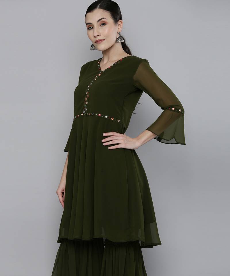 Olive green Georgatte Mirror & Embroidered work kurta with sharara