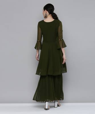 Olive green Georgatte Mirror & Embroidered work kurta with sharara 6