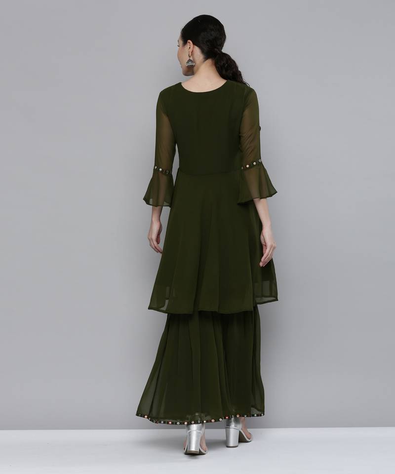 Olive green Georgatte Mirror & Embroidered work kurta with sharara