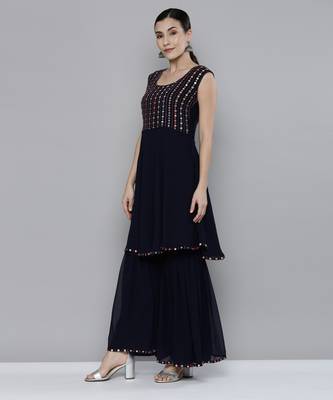 Navy blue Georgatte Mirror & Embroidered work kurta with sharara 1