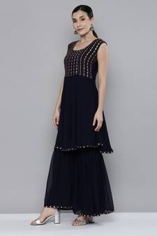Navy blue Georgatte Mirror & Embroidered work kurta with sharara