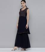 Navy blue Georgatte Mirror & Embroidered work kurta with sharara