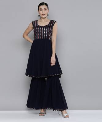 Navy blue Georgatte Mirror & Embroidered work kurta with sharara 2