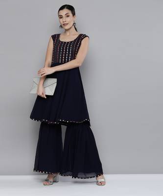 Navy blue Georgatte Mirror & Embroidered work kurta with sharara 3