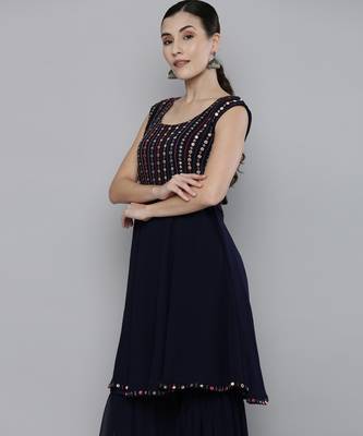 Navy blue Georgatte Mirror & Embroidered work kurta with sharara 5