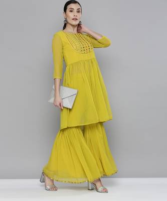 Lime yellow Georgatte Mirror & Embroidered work kurta with sharara 1