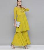 Lime yellow Georgatte Mirror & Embroidered work kurta with sharara
