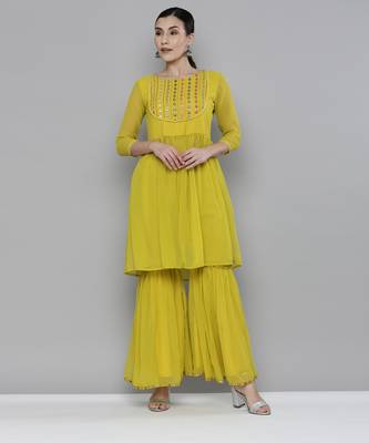 Lime yellow Georgatte Mirror & Embroidered work kurta with sharara 3
