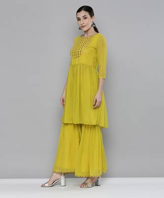 Lime yellow Georgatte Mirror & Embroidered work kurta with sharara 4