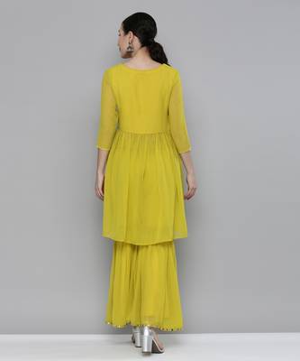 Lime yellow Georgatte Mirror & Embroidered work kurta with sharara 5
