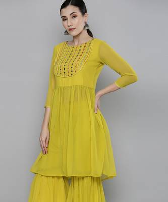 Lime yellow Georgatte Mirror & Embroidered work kurta with sharara 6