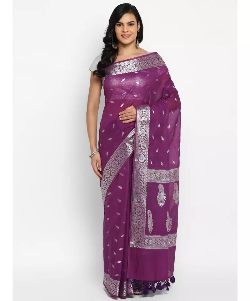 purple banarasi silk woven saree with blouse