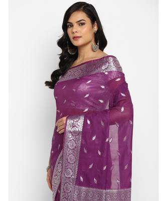 purple banarasi silk woven saree with blouse 2