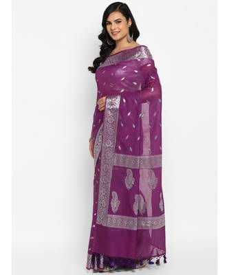 purple banarasi silk woven saree with blouse 3