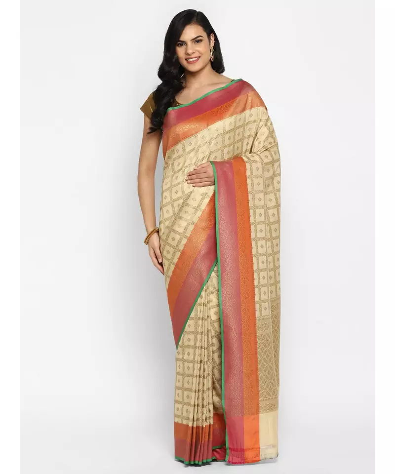 beige katan silk woven saree with blouse