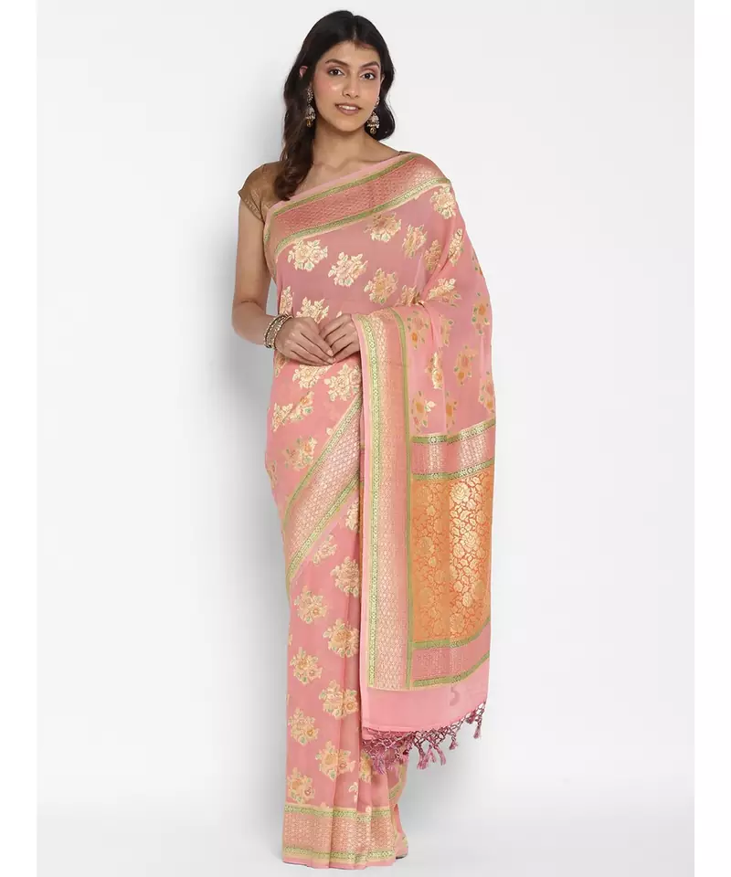 pink pure chiffon woven saree with blouse