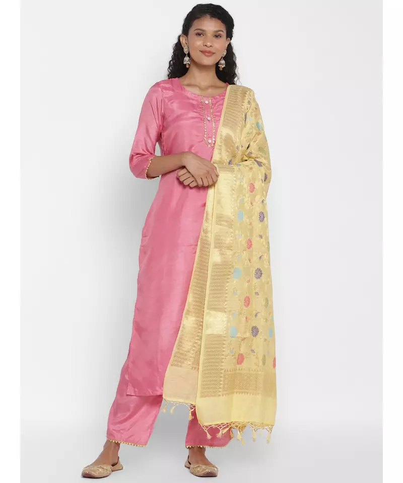 Yellow Cotton Silk Banarasi  printed  dupatta