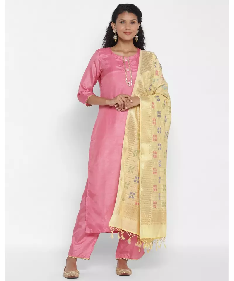Yellow Cotton Silk Banarasi  printed  dupatta