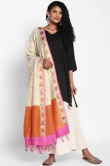 Beige Munga Silk Banarasi  printed  dupatta