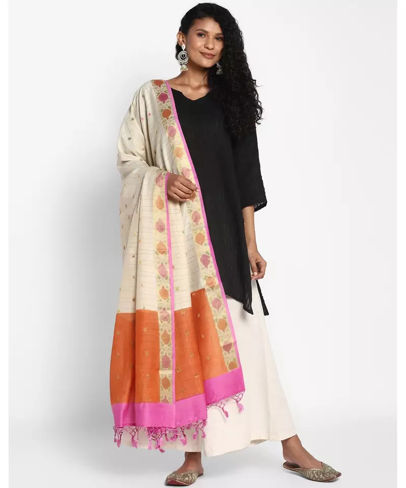 Beige Munga Silk Banarasi  printed  dupatta