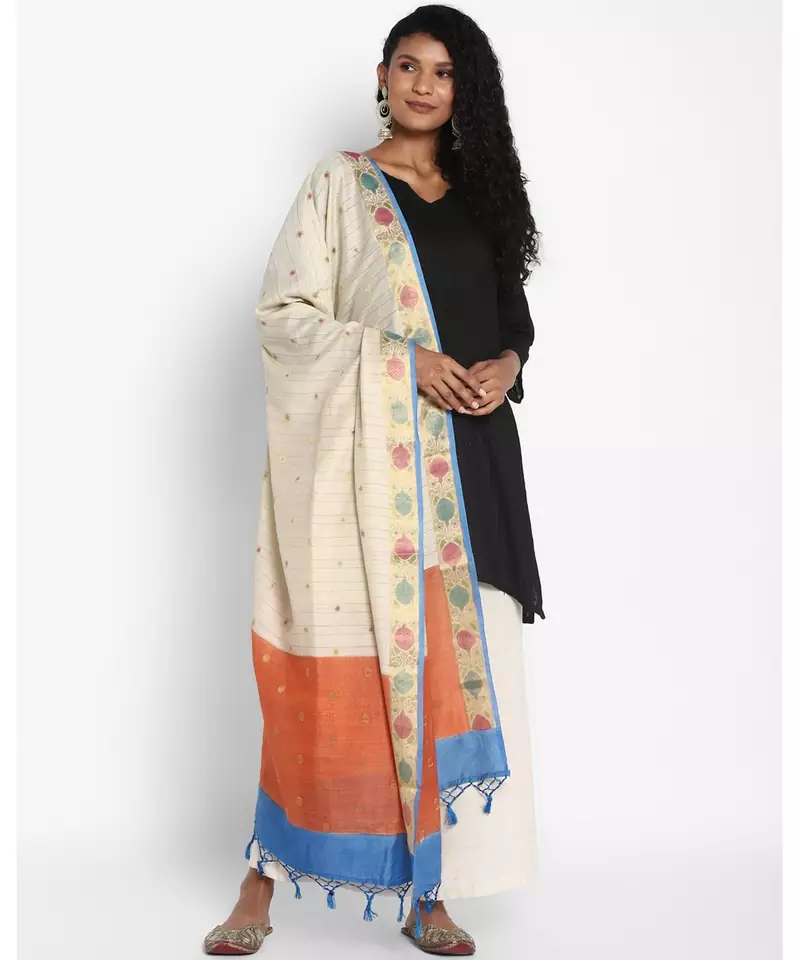 Beige Munga Silk Banarasi  printed  dupatta