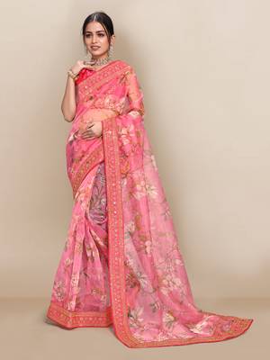 Pink printed organza saree with blouse 1