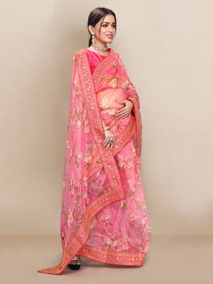 Pink printed organza saree with blouse 2