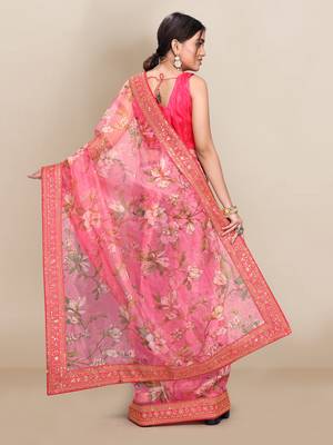 Pink printed organza saree with blouse 3