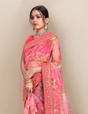 Pink printed organza saree with blouse 4