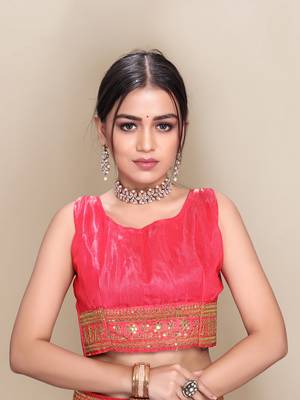 Pink printed organza saree with blouse 5